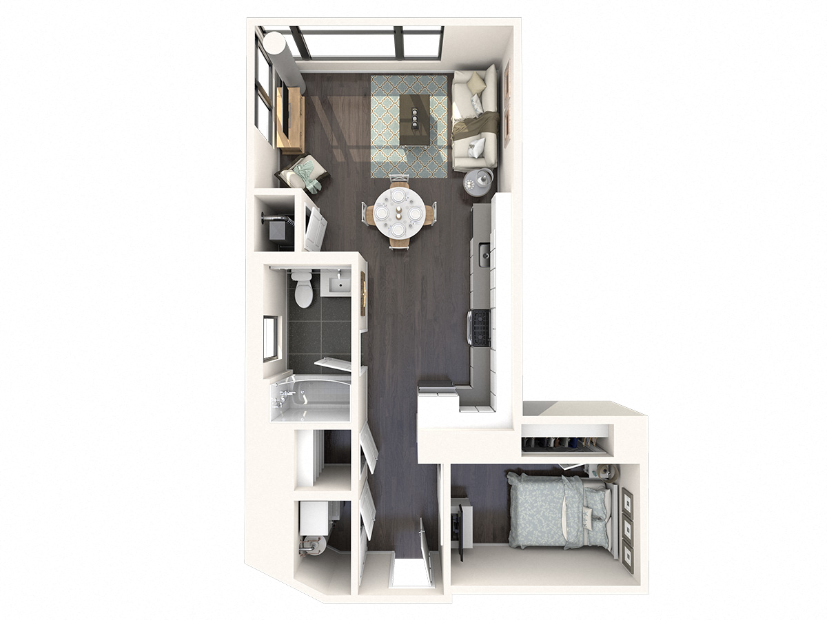 Floor plan for studio, 1 bath, 667 sqft